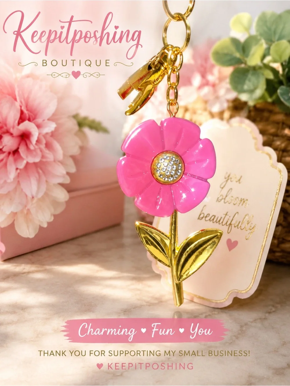 Pink Flower Keychain with Gold Stem